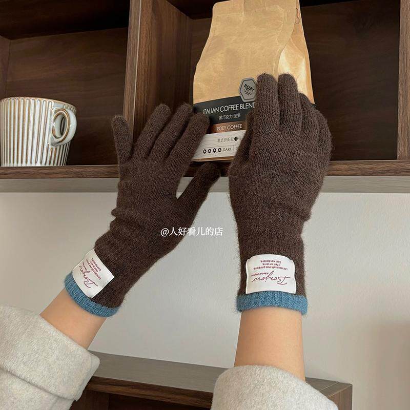 韩系ins贴布针织手套女冬季骑行保暖长款分指手套可触屏学生保暖