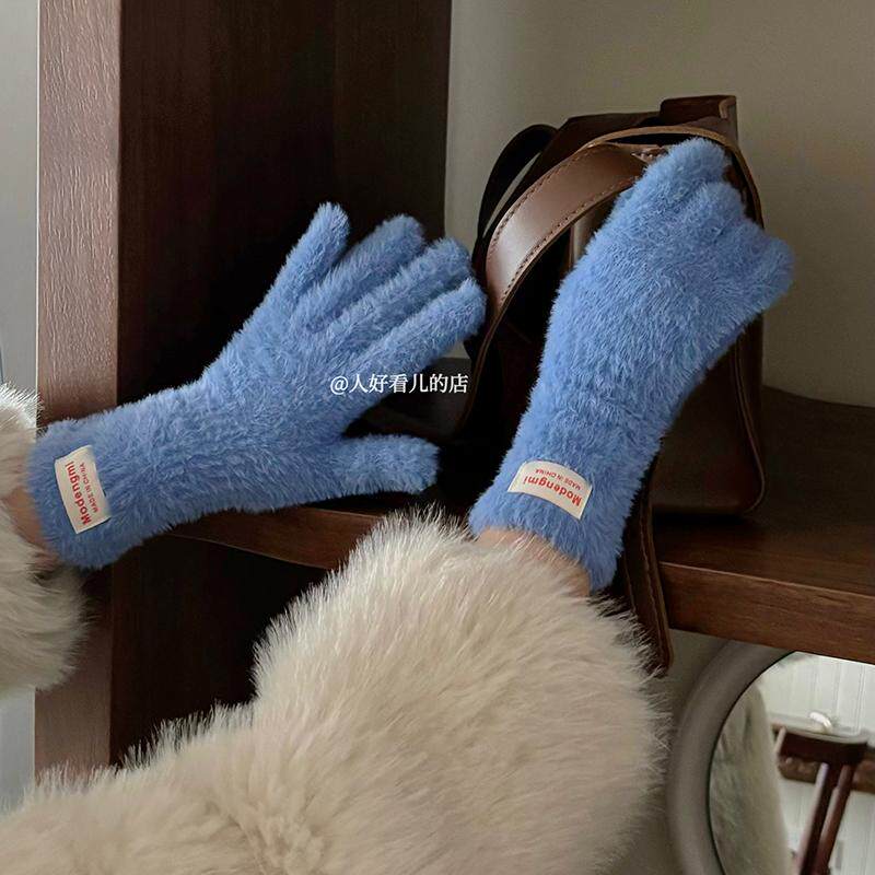 韩版新款可爱毛绒针织手套女冬季保暖ins仿貂绒五指骑行触屏手套