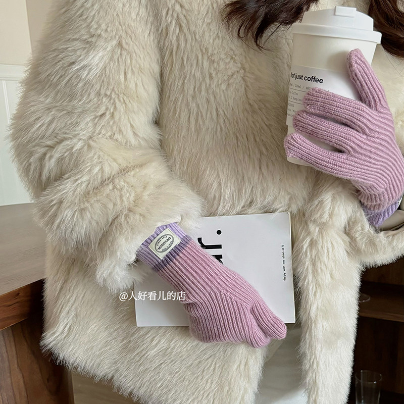 韩版针织羊绒手套女冬季五指针织保暖可触屏露指手套学生骑行防寒