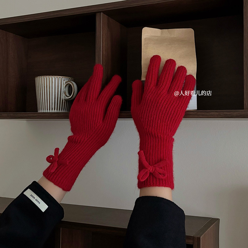 蝴蝶结红色针织手套女秋冬百搭骑行防寒保暖可触屏分指毛线手套潮