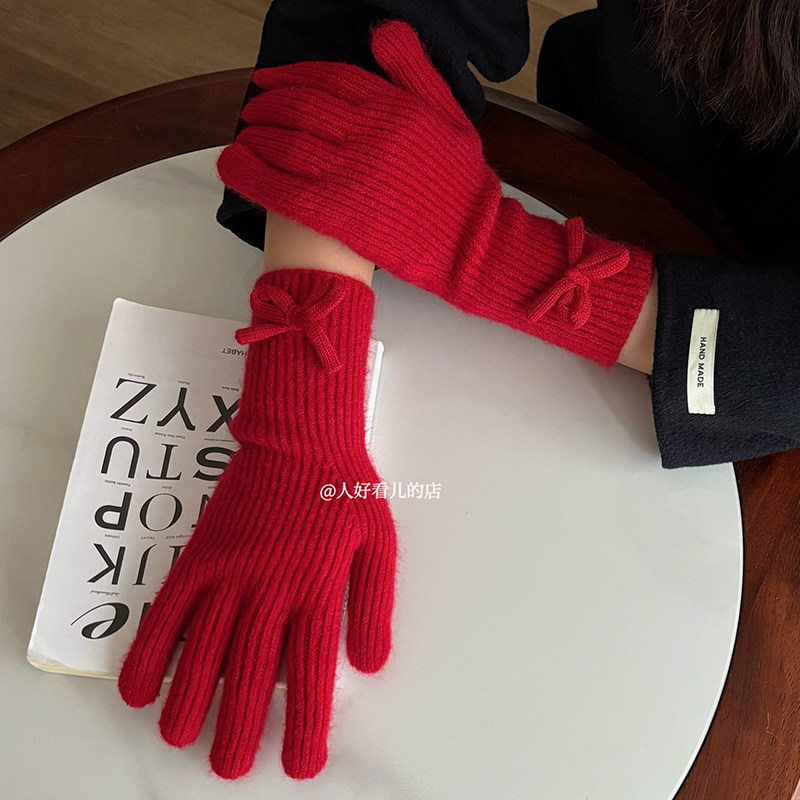 蝴蝶结红色针织手套女秋冬百搭骑行防寒保暖可触屏分指毛线手套潮