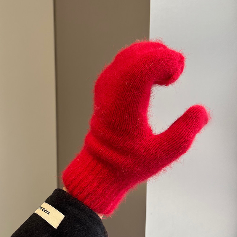 冬季红色兔绒手套女连指双层加厚保暖抗冻针织毛线防风手套ins潮