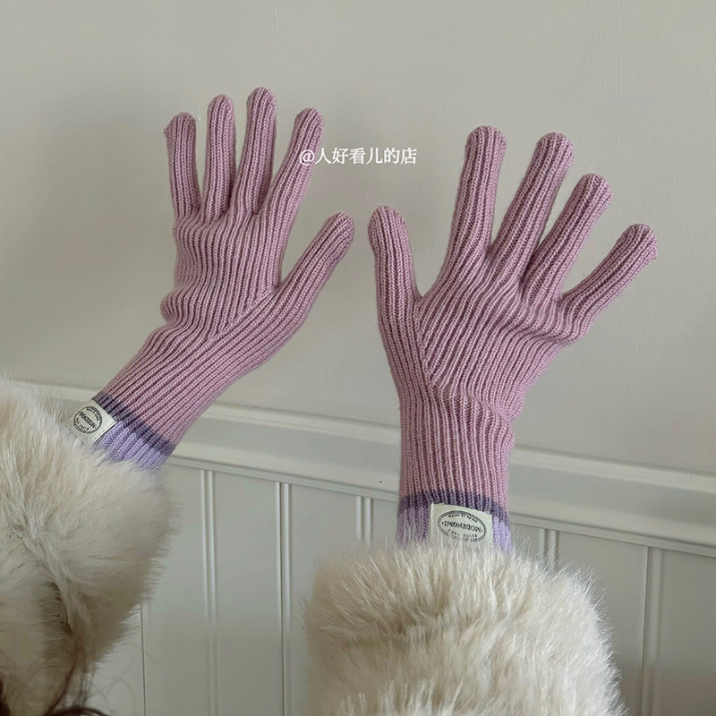 韩版针织羊绒手套女冬季五指针织保暖可触屏露指手套学生骑行防寒