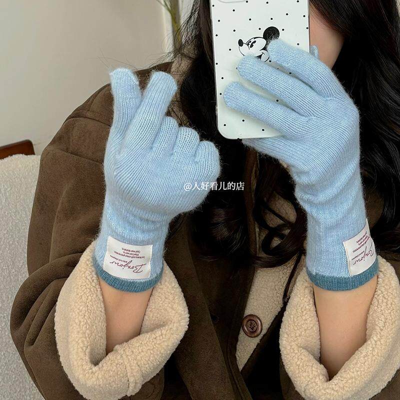 ins风韩系贴布针织手套女冬季加长款分指露指可触屏防寒保暖手套