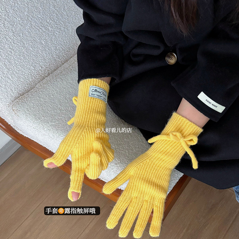 治愈蝴蝶结针织手套女可爱秋冬可触屏保暖防寒骑行毛线手套时尚潮