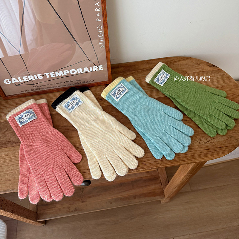 韩系ins风绿色针织手套女冬季加厚长款可触屏分指手套骑行保暖护