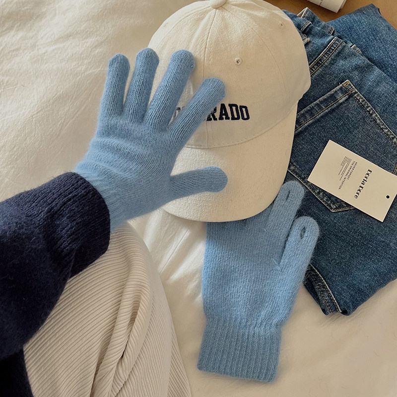 露指触屏兔毛加绒保暖手套冬季保暖抗冻五指骑行ins玩手机手套蓝