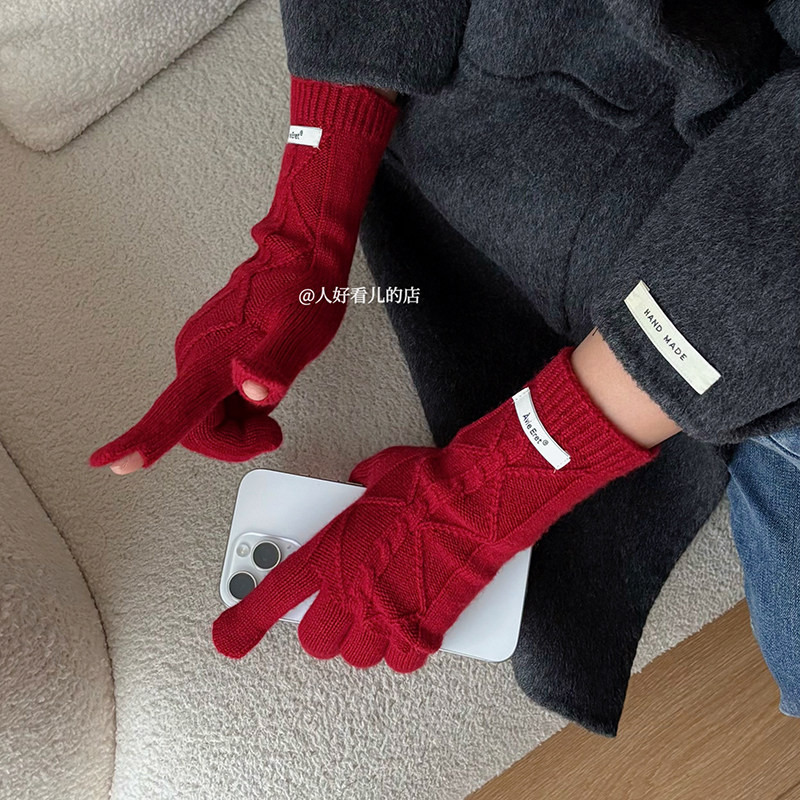 2025新款韩版ins麻花针织手套女冬季保暖防寒户外分指手套可触屏