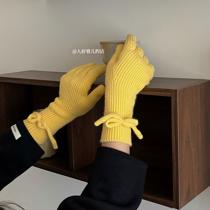 治愈蝴蝶结针织手套女可爱秋冬可触屏保暖防寒骑行毛线手套时尚潮