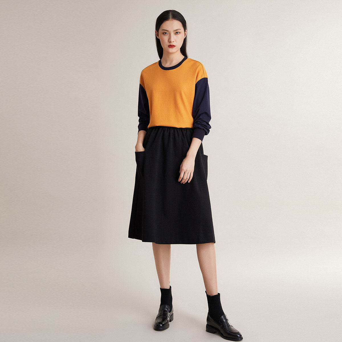 Pukka/蒲牌商场同款女装圆领卫衣宽松撞色设计感长袖羊毛套头衫秋