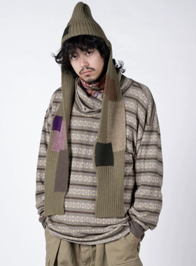 24AW KAPITAL 平田和宏 日系休闲秋冬御寒二合一补丁针织连帽围脖