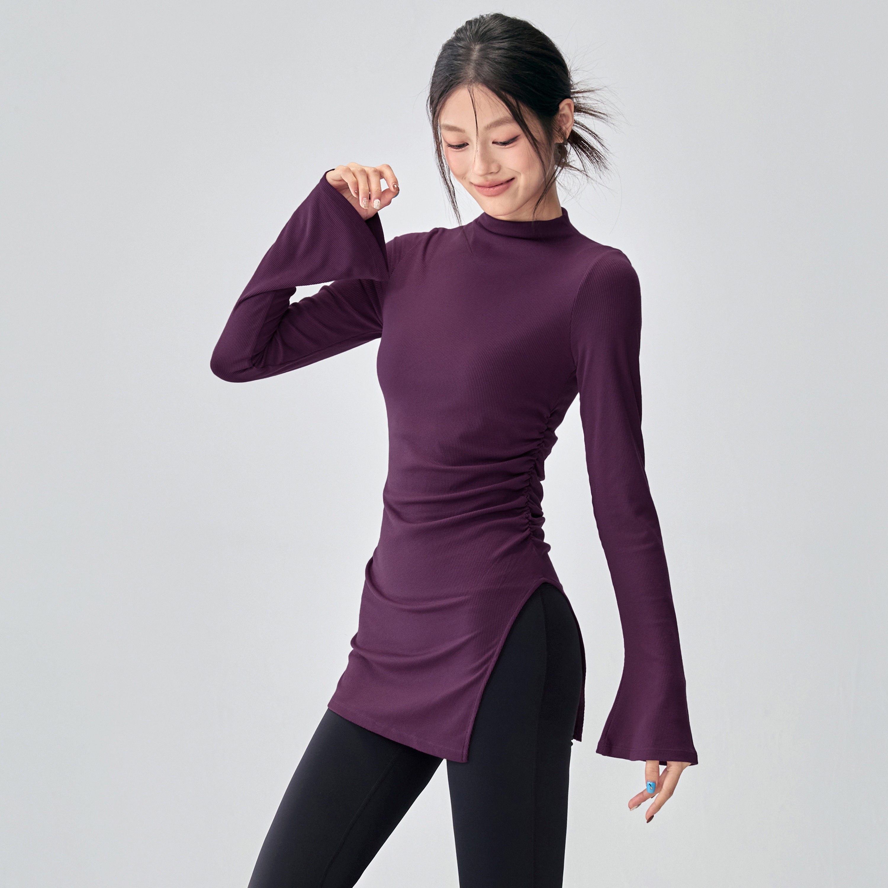 健身女孩半高领遮臀瑜伽服紧身运动喇叭长袖罩衫普拉提训练上衣新,淘宝优惠券,粉丝福利购,淘宝优惠卷