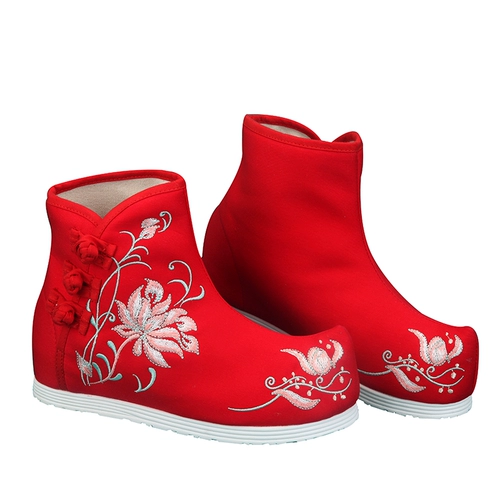 Зимнее ханьфу, флисовые ботинки, свадебные туфли для невесты, высокая обувь, красные короткие сапоги, китайский стиль