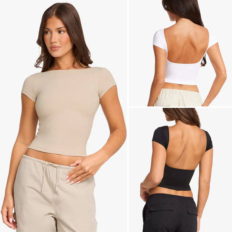 舒适简约款瑜伽上衣女含胸垫大露背裸感短袖高弹速干运动健身T恤,淘宝优惠券,粉丝福利购,淘宝优惠卷