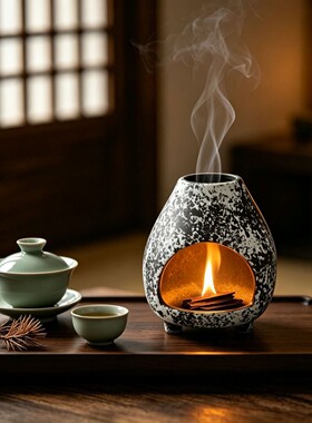 茶室香薰炉 窑变粗陶 黑白斑驳 小众装饰 寺庙老板桌面熏香用品