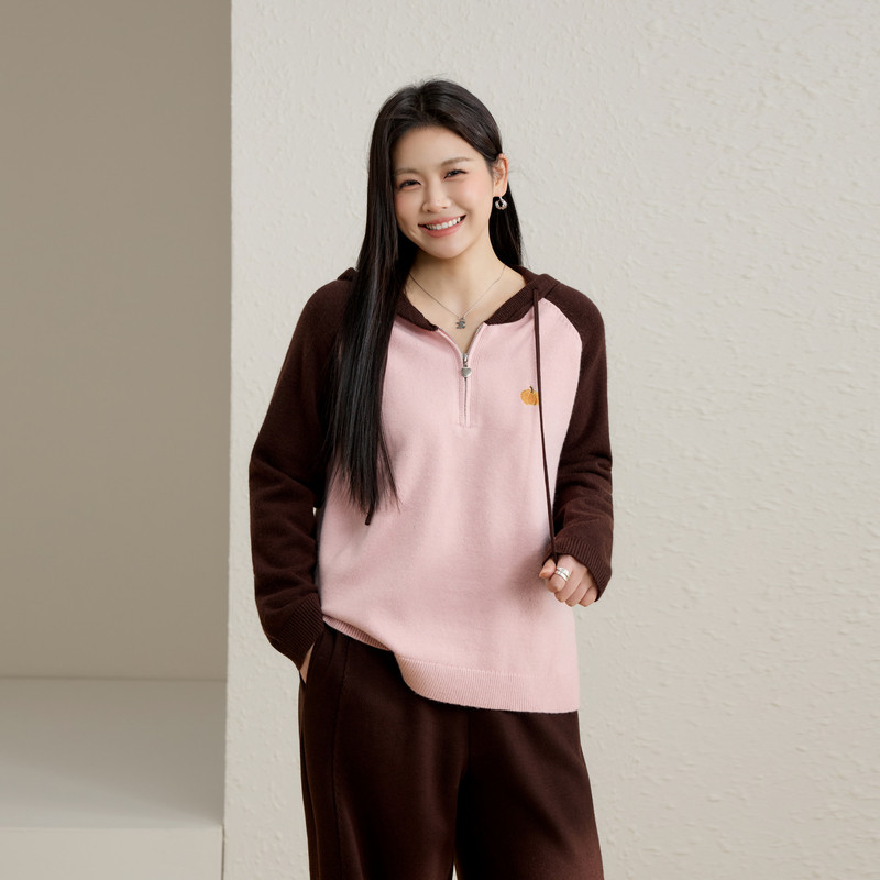 【南瓜刺绣撞色连帽毛衣】纤莉秀大码女装拉链领口上衣胖mm春新款,淘宝优惠券,粉丝福利购,淘宝优惠卷