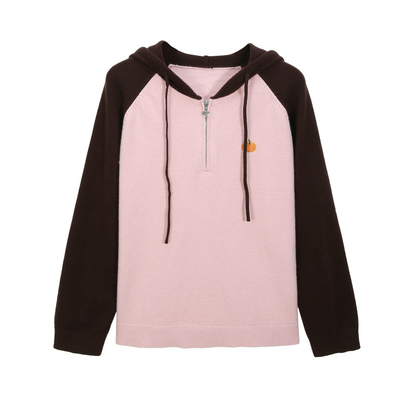 【南瓜刺绣撞色连帽毛衣】纤莉秀大码女装拉链领口上衣胖mm春新款,淘宝优惠券,粉丝福利购,淘宝优惠卷