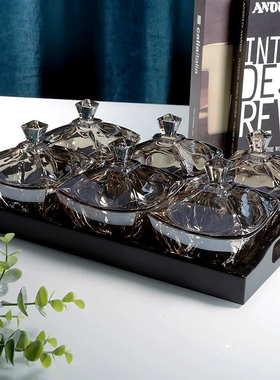 轻奢样板房客厅茶几果盘果篮水晶玻璃带盖干果零食盘组合装饰摆件