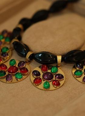 yuwelyw琉璃黄铜珠子女圆牌项链