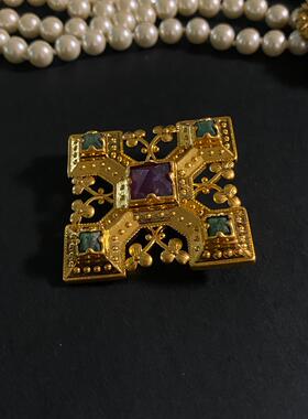 欧美中古黄铜天然石胸针宫廷风