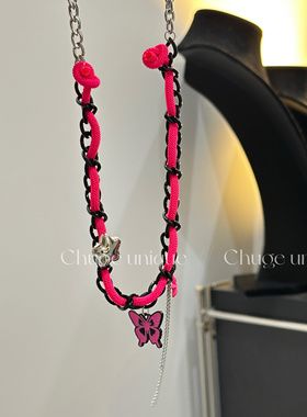 粉色蝴蝶拼接项链女款锁骨链