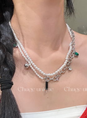 出格韩系ins风珍珠项链女高级感镶宝石潮酷气质个性锁骨链