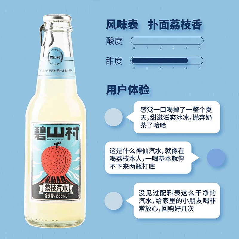 碧山村荔枝味混合多口味果汁汽水气泡水碳酸饮料225ml*3瓶整箱装 - 图0