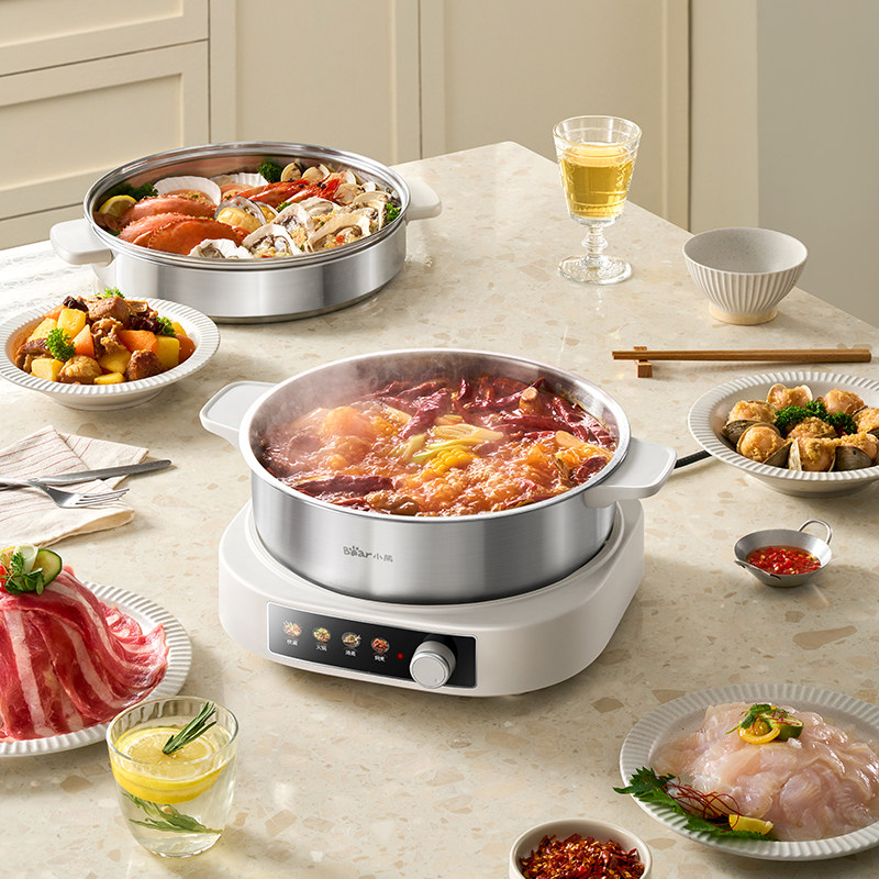 小熊电火锅不锈钢家用电锅分体式0涂层电热锅无涂层煮蒸多功能锅