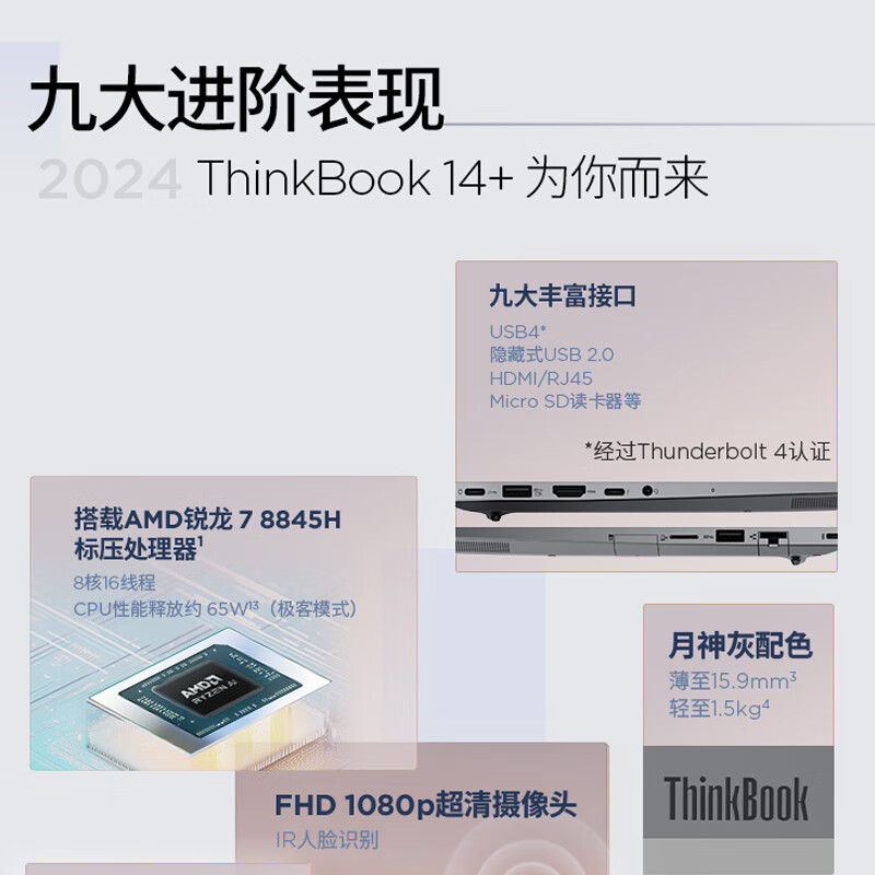 联想ThinkBook14+AMD锐龙R7-8845H轻薄2024AI全能学生游戏笔记本-图0