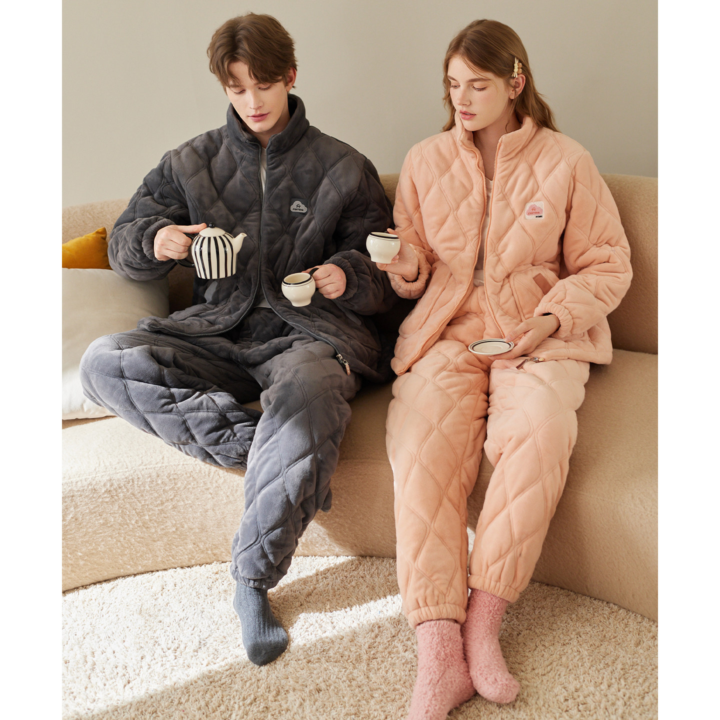 芬腾情侣睡衣冬季珊瑚绒三层加厚夹棉套装男女士抗静电加绒家居服,淘宝优惠券,粉丝福利购,淘宝优惠卷