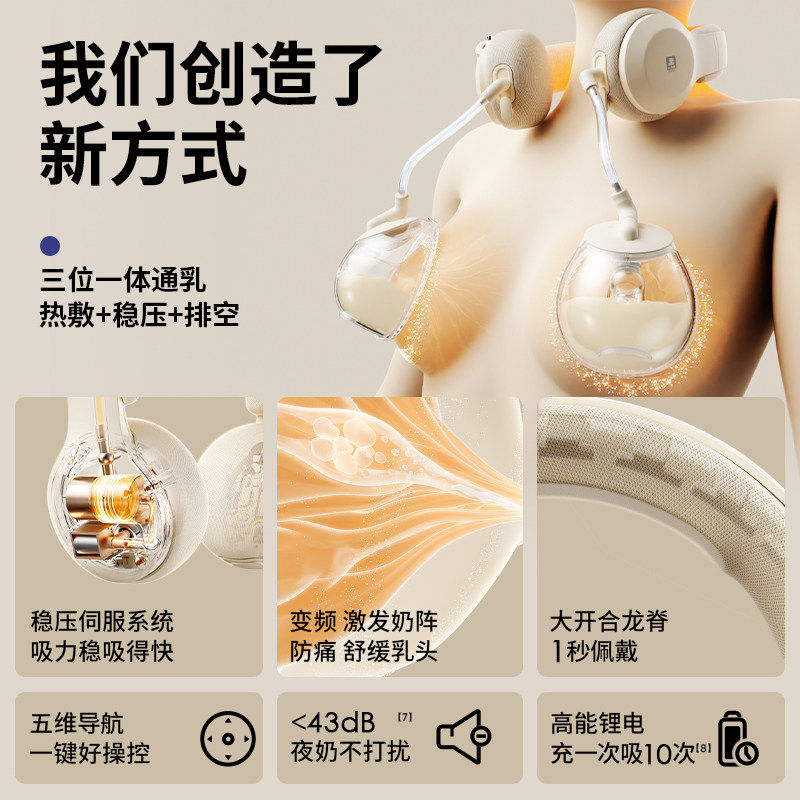 小白熊免手扶珍珠贝双边电动式吸奶器全自动热敷便携式挂脖挤奶器