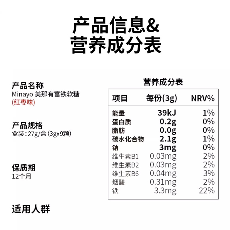 Minayo 美那有富铁软糖女性哺乳期妈妈9颗/盒成人孕妇铁剂 - 图3