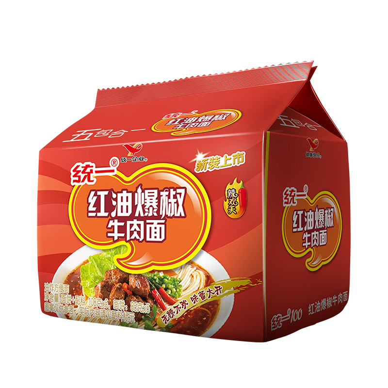 统一100方便面泡面红油爆椒牛肉面105g*5袋速食夜宵 - 图0