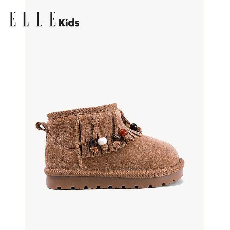 ELLEkids童鞋 雪地靴女童2025冬季新款加绒真皮短靴儿童保暖棉鞋,淘宝优惠券,粉丝福利购,淘宝优惠卷