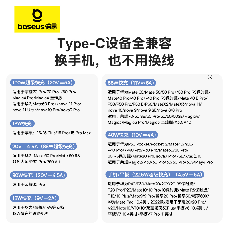 倍思type-c数据线tpyec适用苹果15华为荣耀小米mate60Pro充电线器