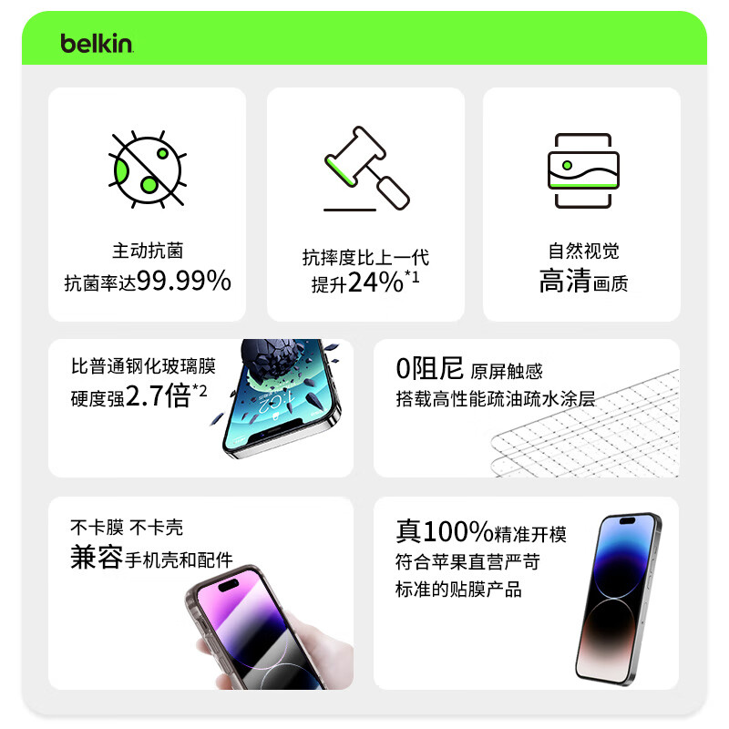 Belkin贝尔金iPhone15ProMax手机贴膜高清9H防摔抑菌基材 - 图1