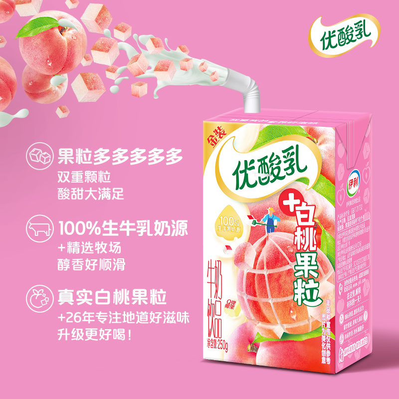 【时代少年团同款】伊利优酸乳牛奶饮品白桃果粒250g*16盒整箱 - 图1