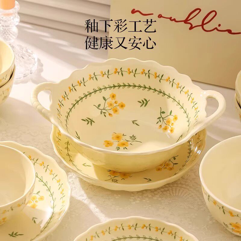 佩尔森双耳沙拉碗面碗家用2025新款汤碗高颜值大号水果酸奶釉下彩