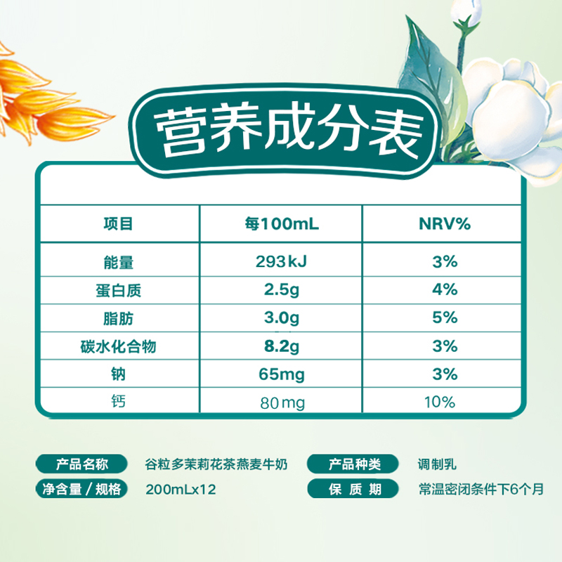 【于适同款】伊利谷粒多茉莉花茶燕麦牛奶200ml*12盒整箱营养早餐 - 图1