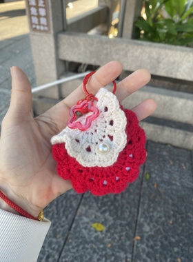 手工钩织毛线圣诞树挂件纯手工编织小包包花边耳机收纳包diy成品