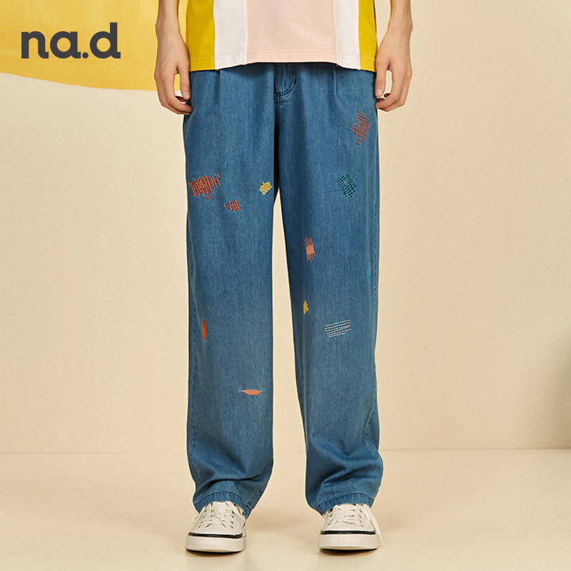 nad刺绣花薄款阔腿直筒宽松牛仔裤 nad牛仔裤
