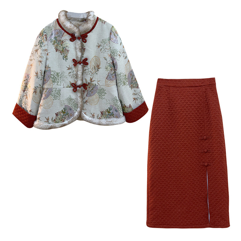 欢喜【自制款】贺岁新中式棉服+撒金加绒半身裙大码胖mm套装显瘦,淘宝优惠券,粉丝福利购,淘宝优惠卷