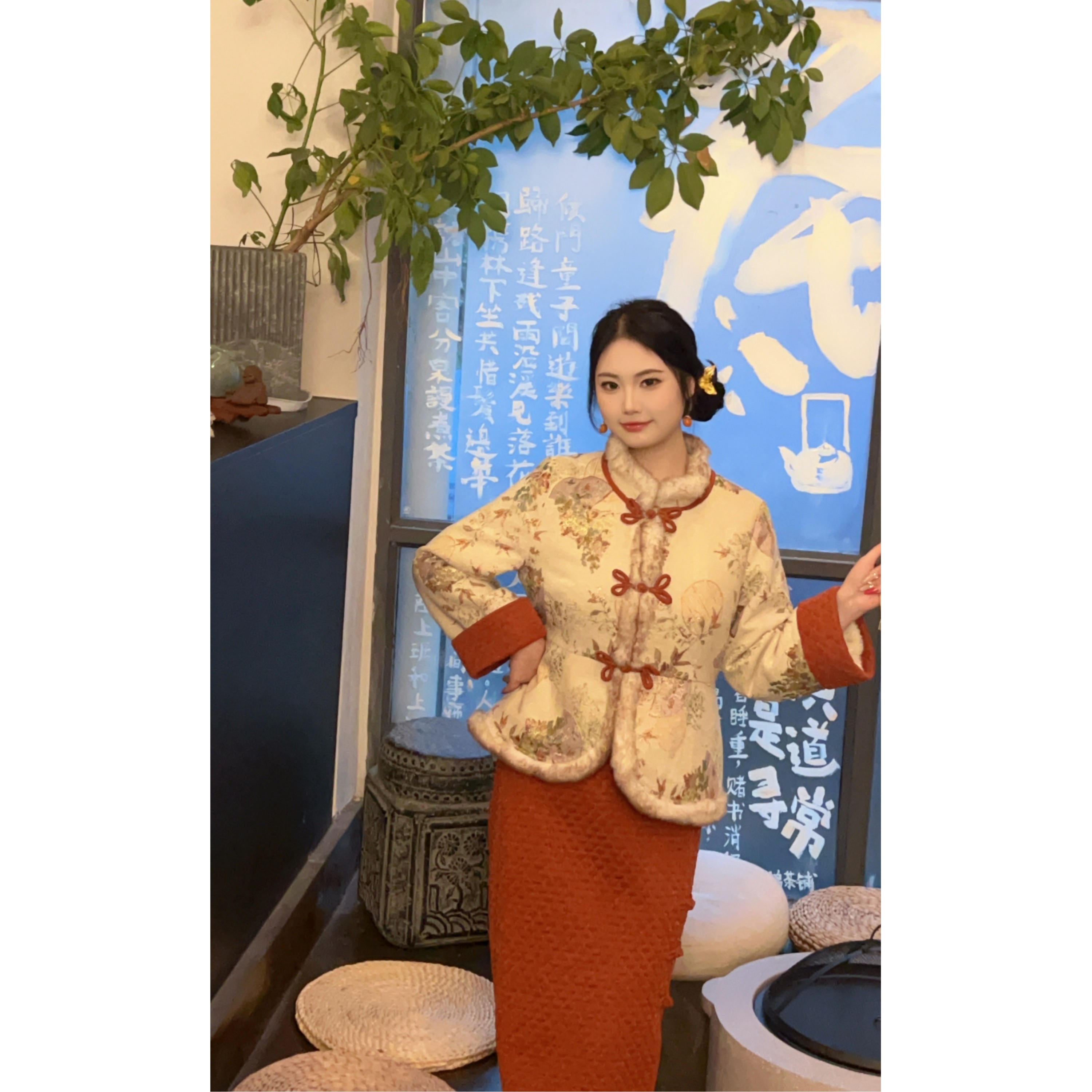 欢喜【自制款】贺岁新中式棉服+撒金加绒半身裙大码胖mm套装显瘦,淘宝优惠券,粉丝福利购,淘宝优惠卷