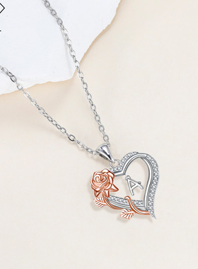 卡漫其 爆款  心形玫瑰花26英文字母项链百搭款饰品