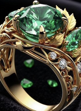 三杰欧美跨境新品戒指创意花卉感女士绿宝石temu爆款手饰