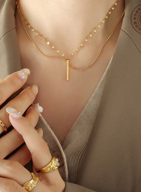 欧美小众设计轻奢长方条吊坠多层叠戴项链女锁骨链钛钢百搭饰品