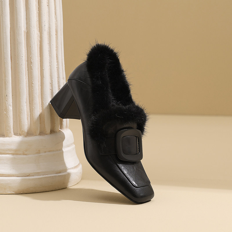 AMEINOR冬季通勤毛毛鞋2025新款方头皮带扣真皮加绒高跟单鞋粗跟,淘宝优惠券,粉丝福利购,淘宝优惠卷