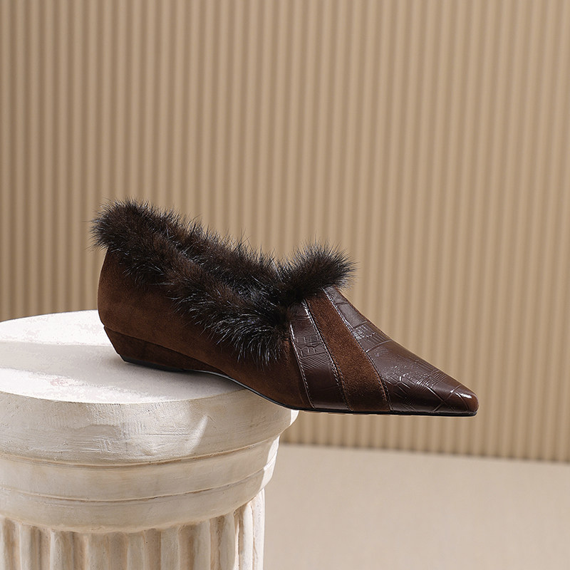 AMEINOR冬季新款尖头加绒单鞋女2025真皮小坡跟保暖乐福鞋毛毛鞋,淘宝优惠券,粉丝福利购,淘宝优惠卷