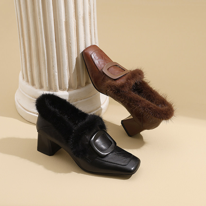 AMEINOR冬季通勤毛毛鞋2025新款方头皮带扣真皮加绒高跟单鞋粗跟,淘宝优惠券,粉丝福利购,淘宝优惠卷