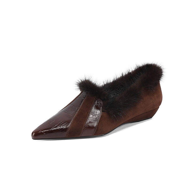 AMEINOR冬季新款尖头加绒单鞋女2025真皮小坡跟保暖乐福鞋毛毛鞋,淘宝优惠券,粉丝福利购,淘宝优惠卷